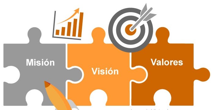 Rompecabezas naranja con piezas “Misión”, “Visión” y “Valores”, diana y gráfico ascendente, cohete.